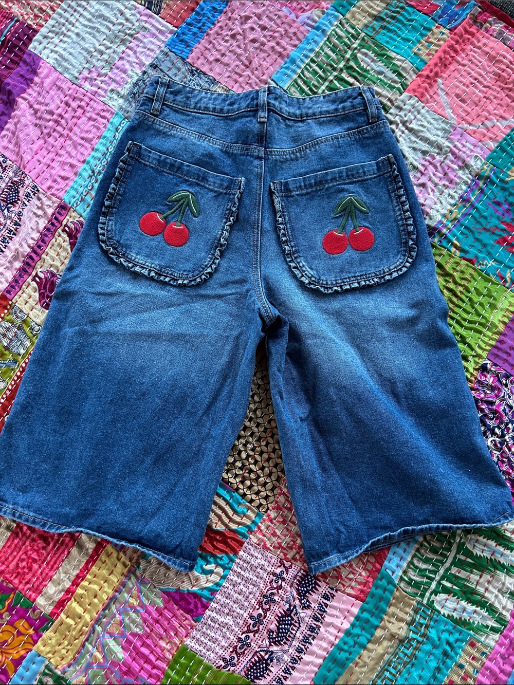 Ashley Mason Blue Denim Cherry Pocket Bermuda Shorts